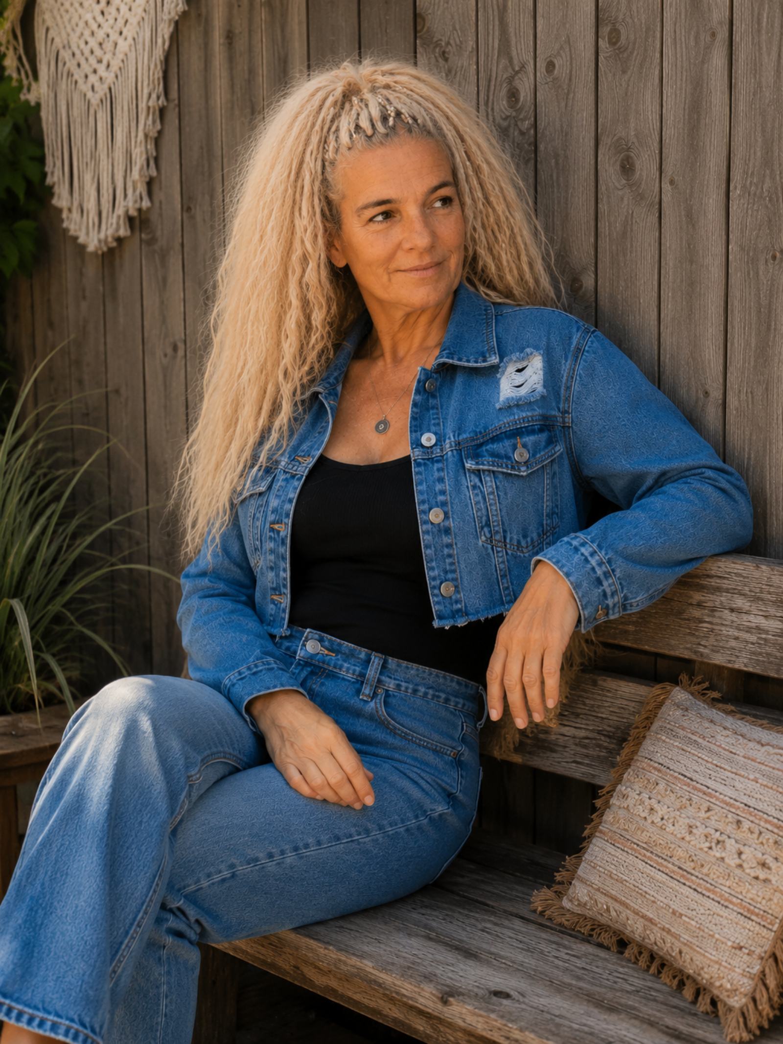 Model draagt een One of a Kind upcycled denim crop jasje op een houten bankje met een rustige boho uitstraling - Old New Atelier.