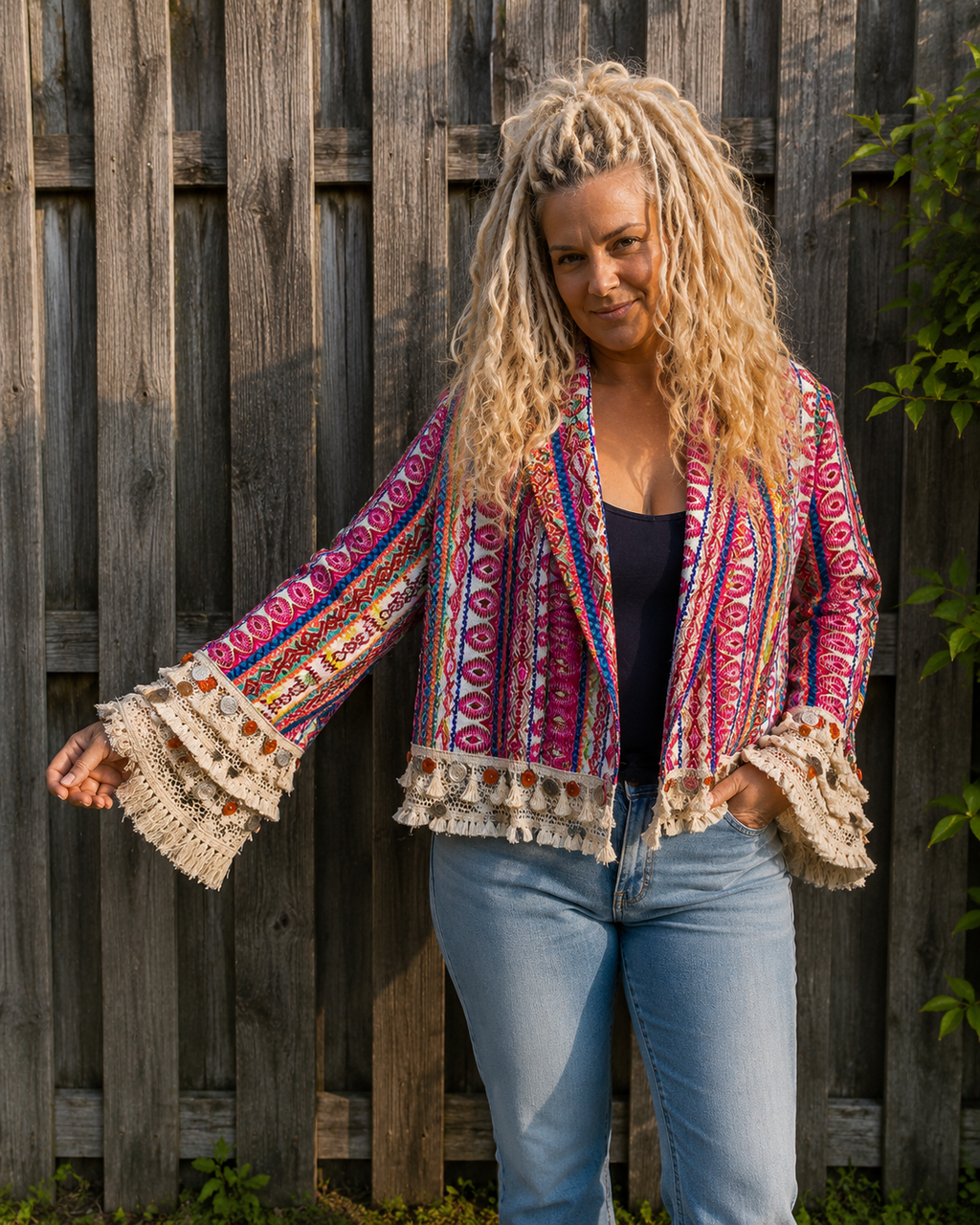 One of a Kind boho jasje met wijde mouwen, franjes en muntjes gedragen door model – handgemaakt Old New Atelier