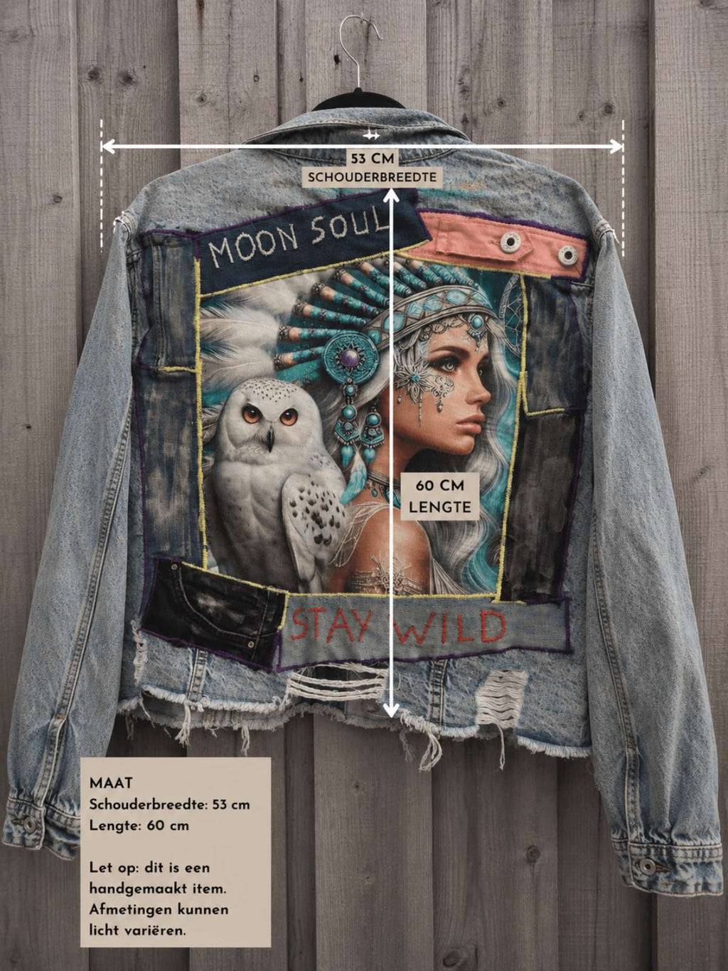 Maat overlay van Moon Soul one of a kind denim jacket met afmetingen