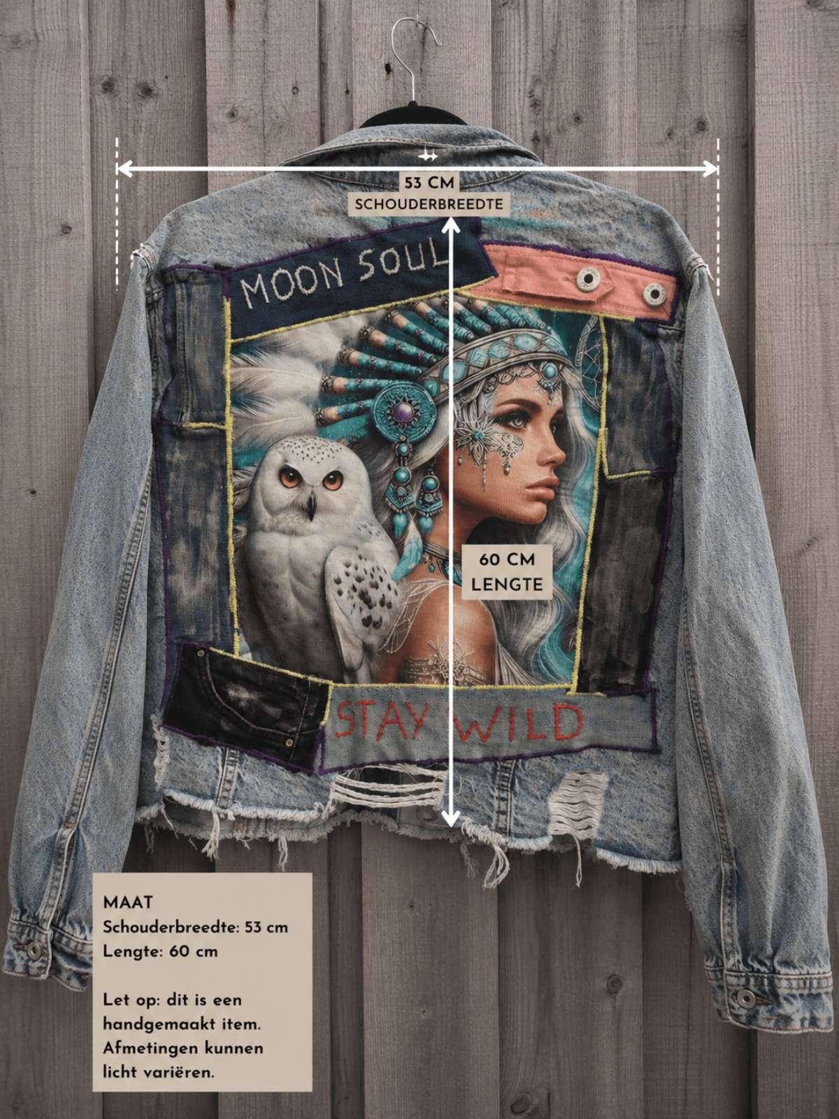 Maat overlay van Moon Soul one of a kind denim jacket met afmetingen