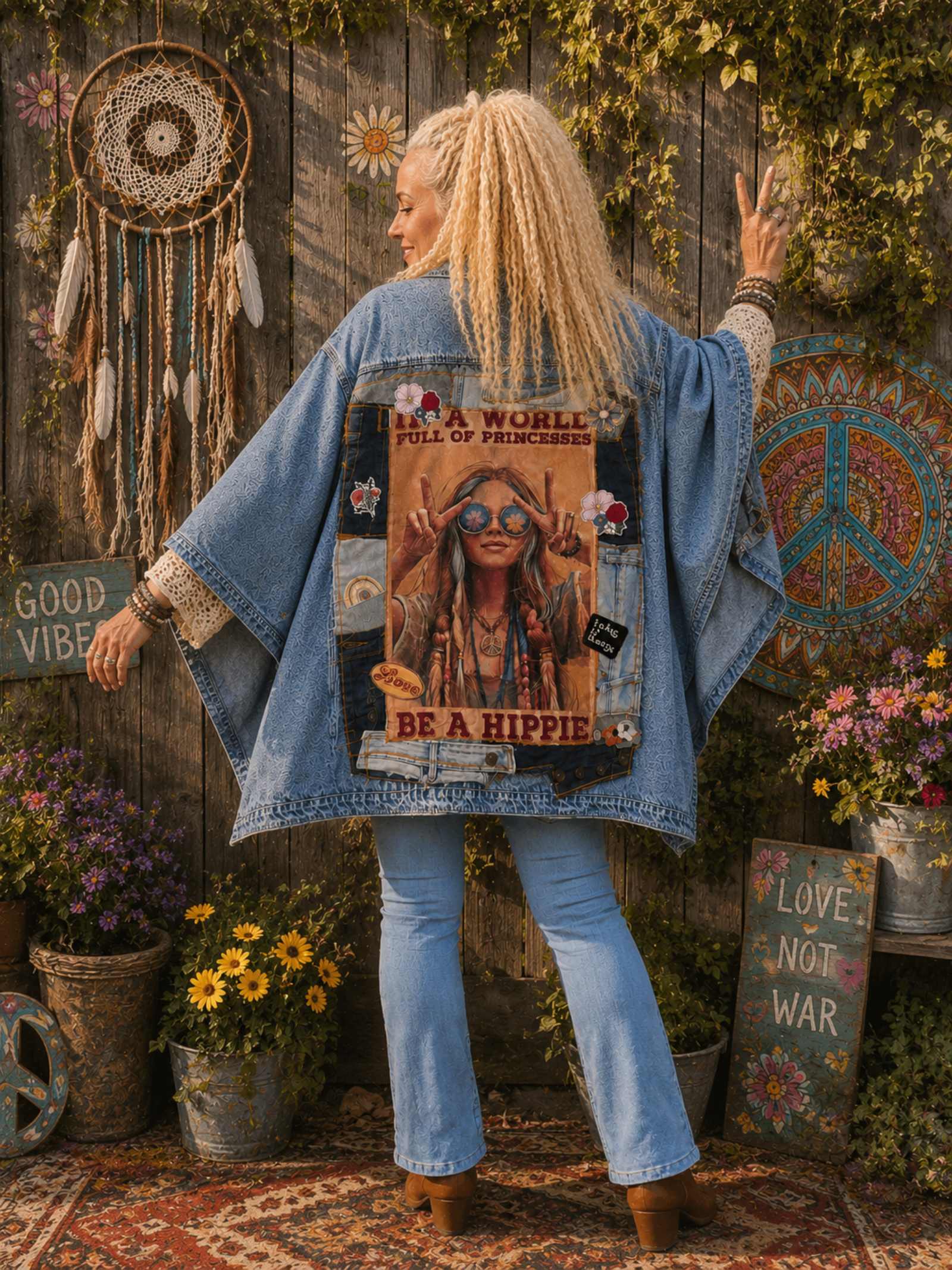 One of a Kind boho hippie denim jacket van Old New Atelier gedragen door model in festival sfeer met peace teken, dreamcatcher en bloemen, handgemaakt upcycled spijkerjasje.