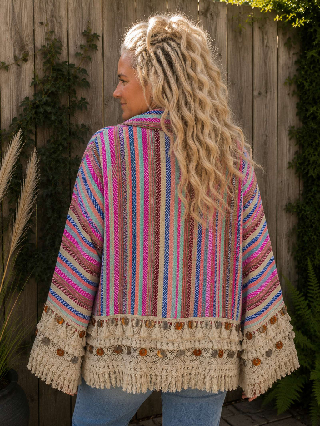 Boho vest Ibiza multicolor met franjes gedragen achterkant kleurrijk dames vest Old New Atelier