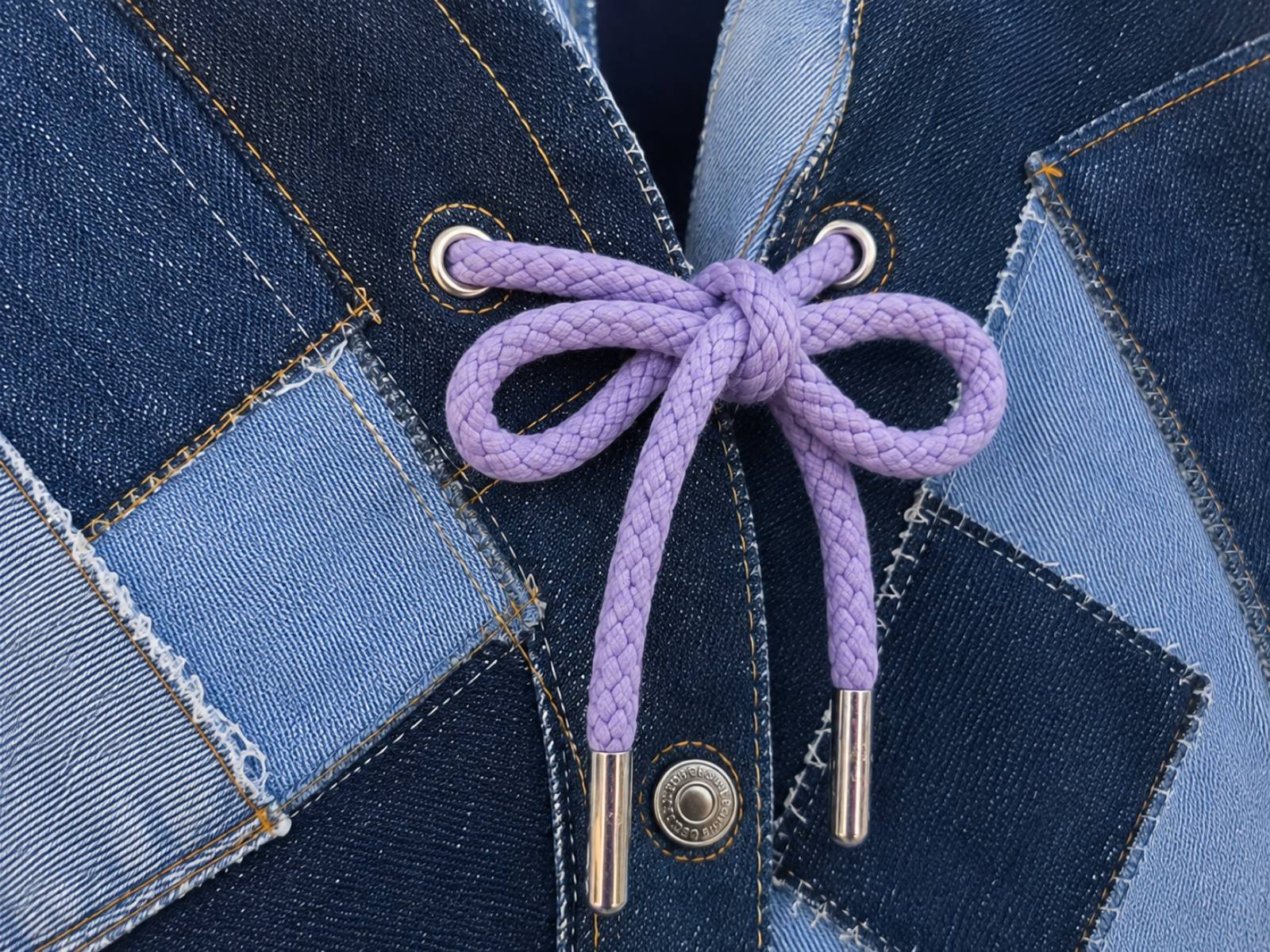 Detail van de verstelbare striksluiting op het One of a Kind Levi's patchwork hesje.
