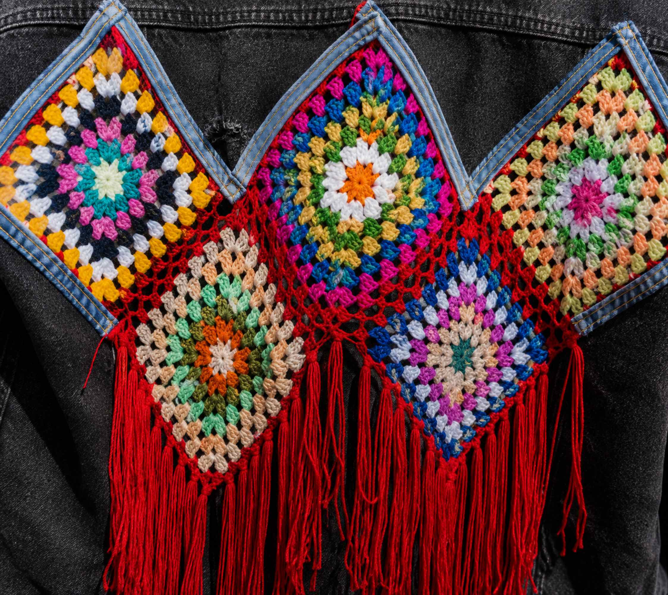 Close-up van het handgehaakte kleurrijke kunstwerk op de achterkant van het denim jasje.
