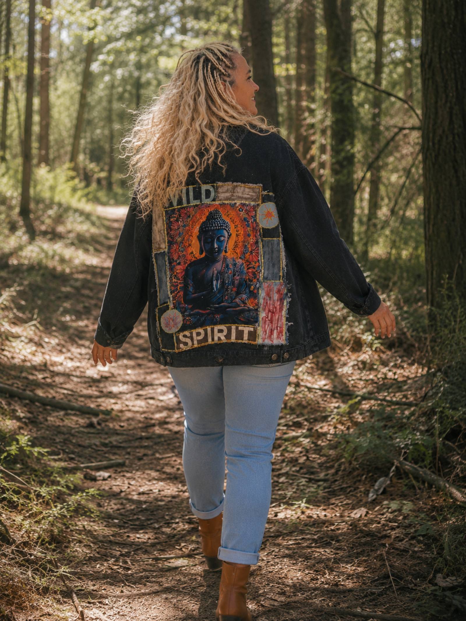 Vrouwelijk model wandelt door het bos in een oversized Wild Spirit Buddha denim jasje van Old New Atelier.