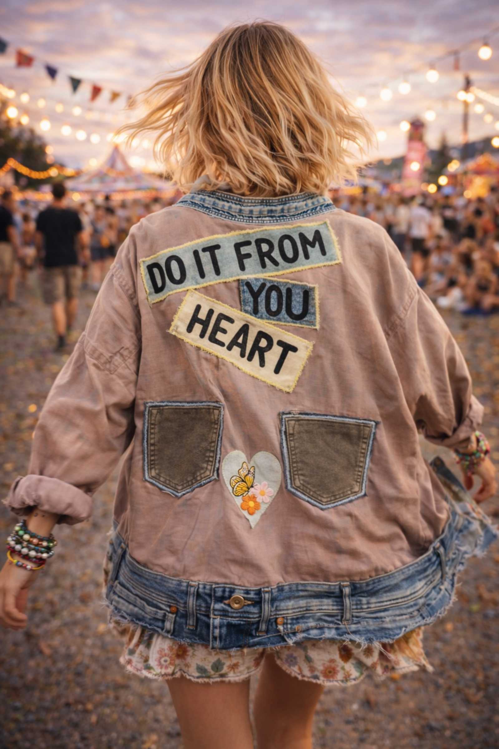 Upcycled boho jasje XXL met denim patchwork en tekst op de rug festival vibe