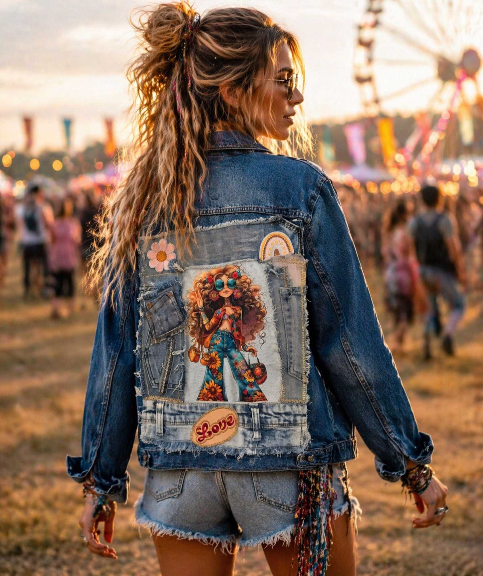 Upcycled denim jacket with boho festival patch back handmade one of a kind