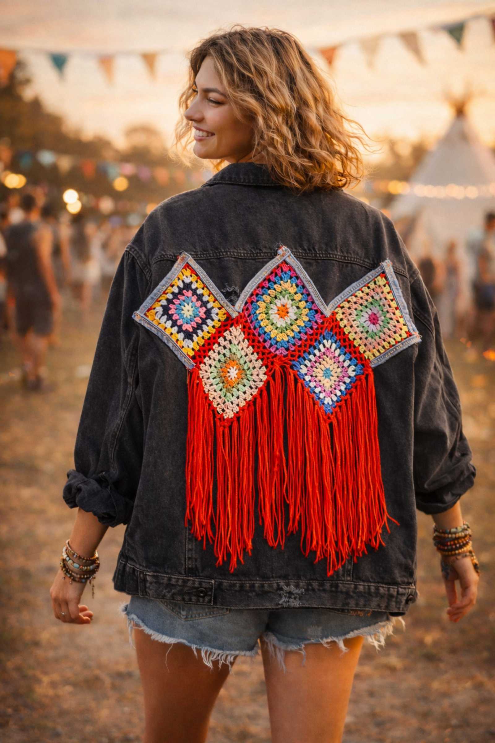 Upcycled denim jasje boho stijl met handgemaakt crochet patchwork en rode franjes gedragen op festival