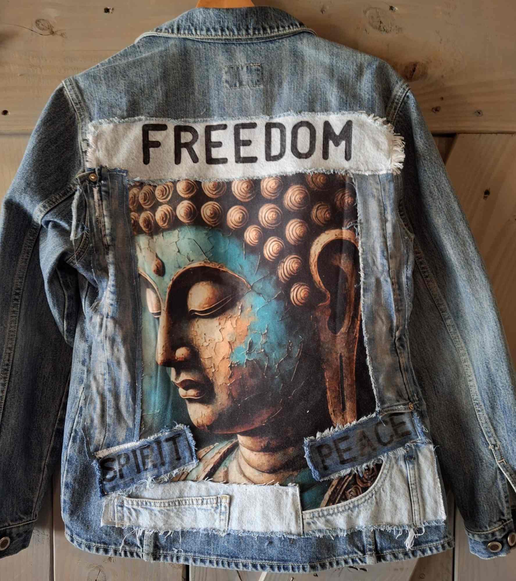 Uniek denim jasje achterkant Buddha print freedom spirit peace upcycled