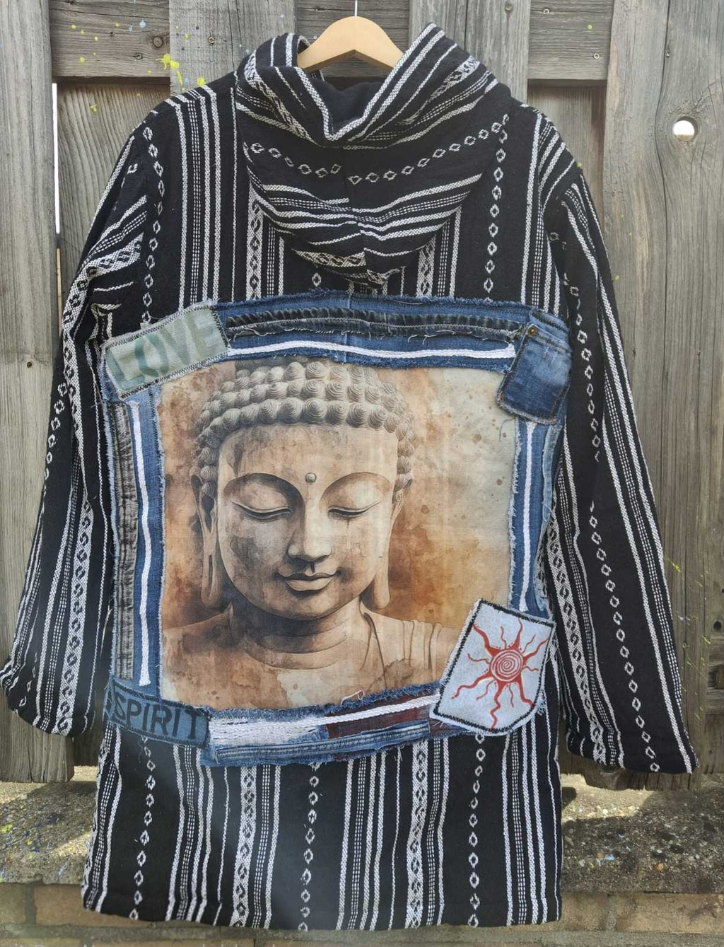 Upcycled denim jacket with Buddha back patch boho handmade one of a kind