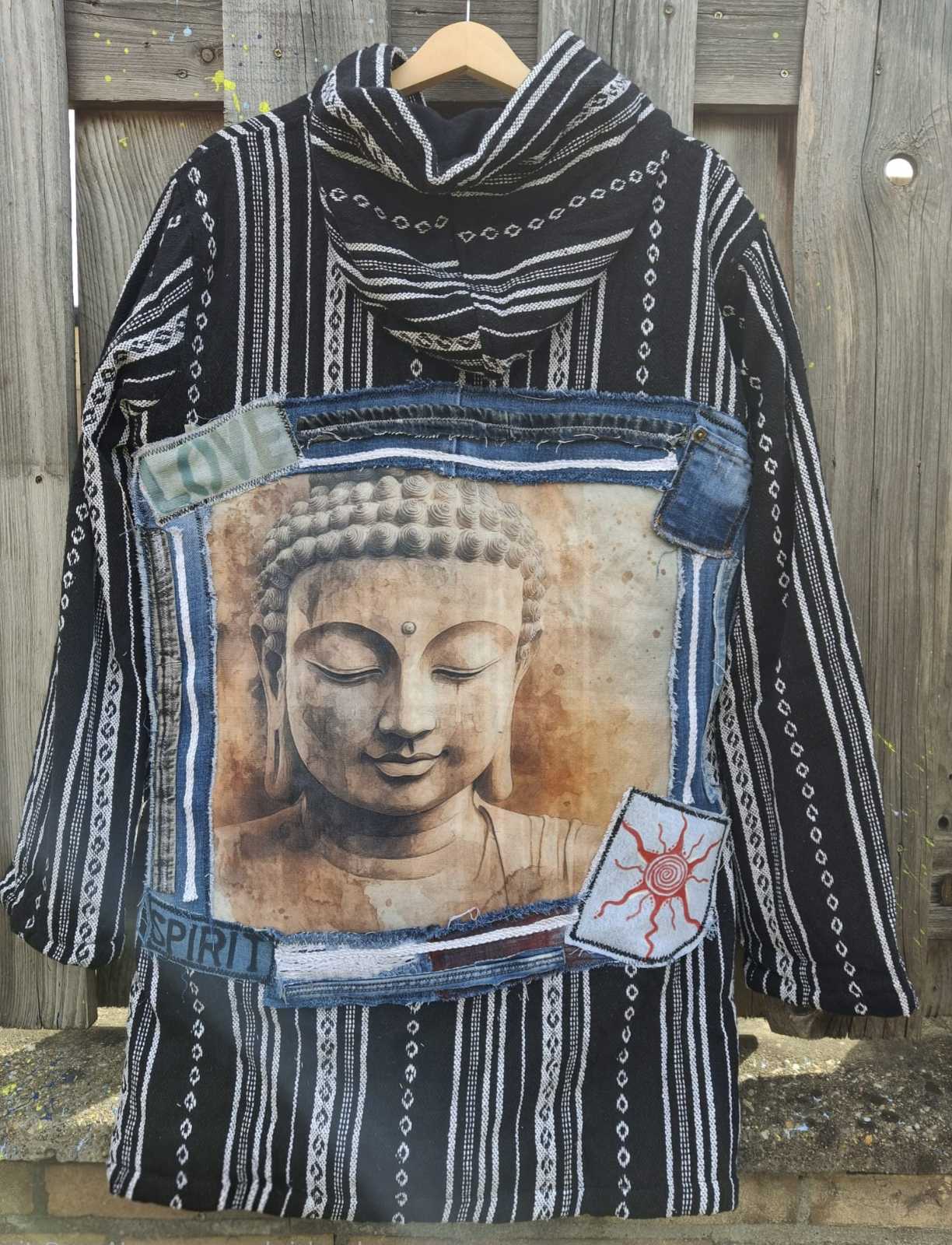 Upcycled denim jacket with Buddha back patch boho handmade one of a kind