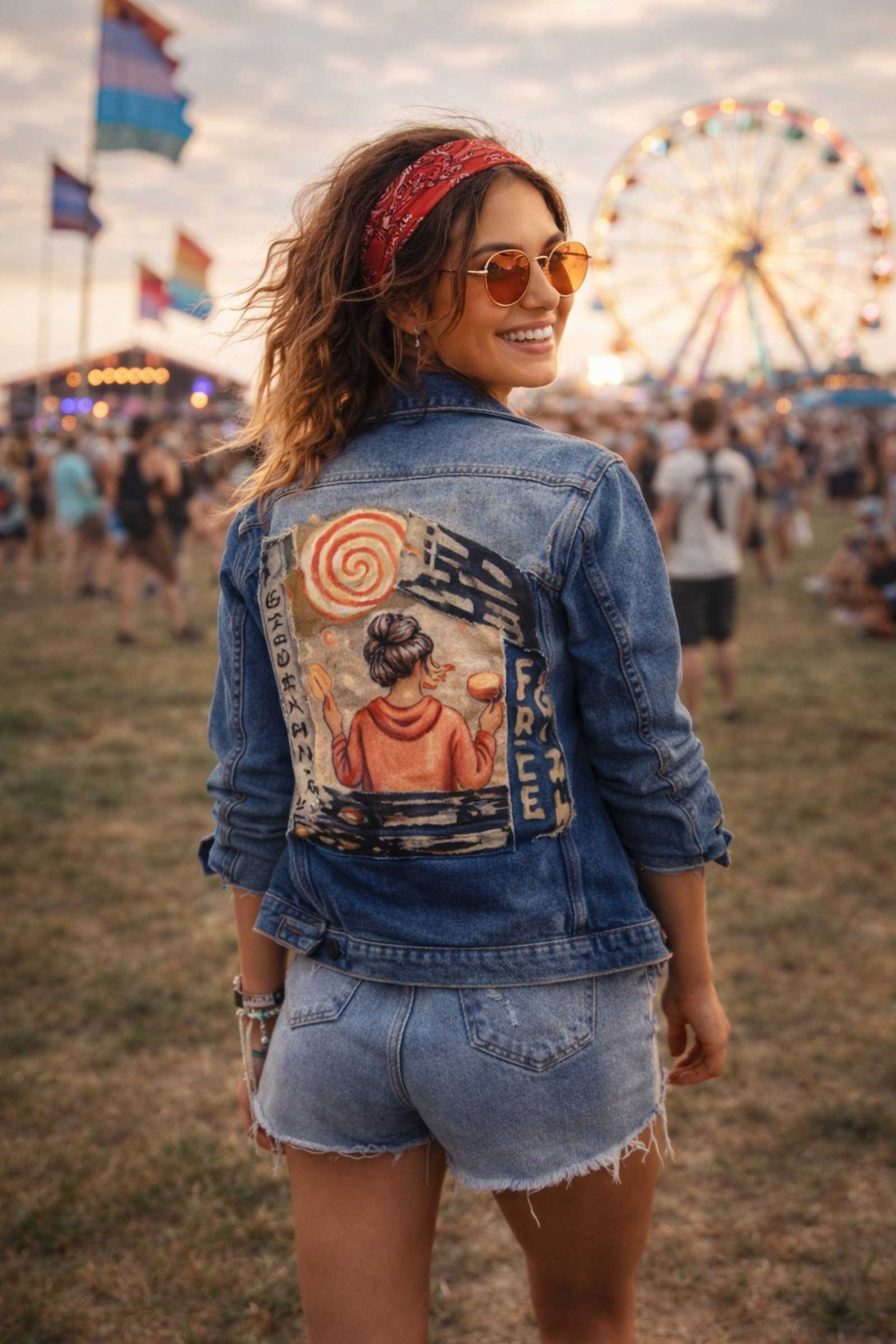 Upcycled denim jacket met handgemaakt artwork achterkant, boho festival stijl, one of a kind ontwerp van Old New Atelier