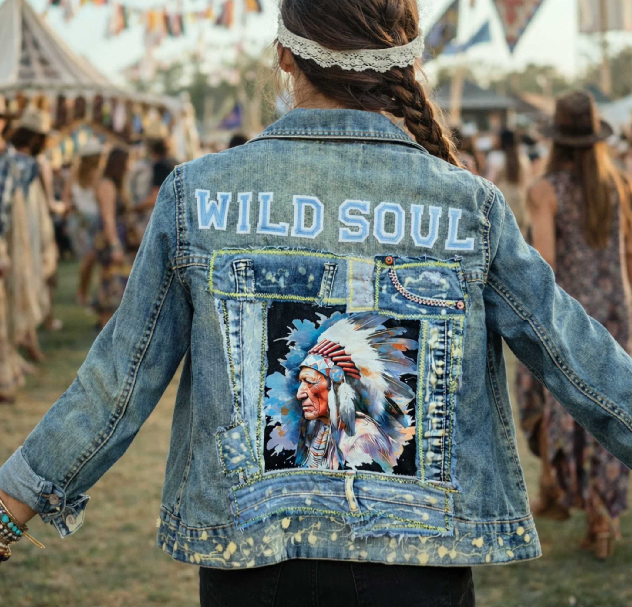 Upcycled denim jacket Wild Soul festival look achterkant
