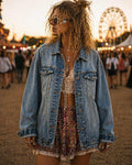 Upcycled denim jasje oversized voorkant boho festival stijl handgemaakt atelier