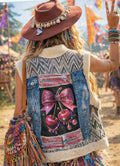 Upcycled denim vest met cherry backprint boho festival stijl