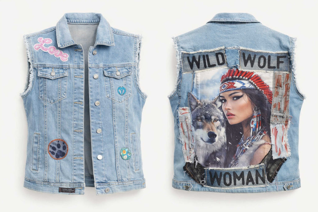 Upcycled denim vest Wild Wolf Woman neutrale achtergrond