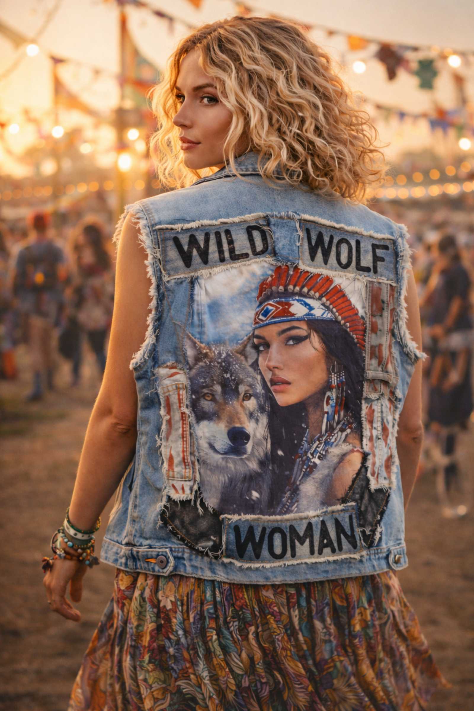 Upcycled denim vest Wild Wolf Woman festival model